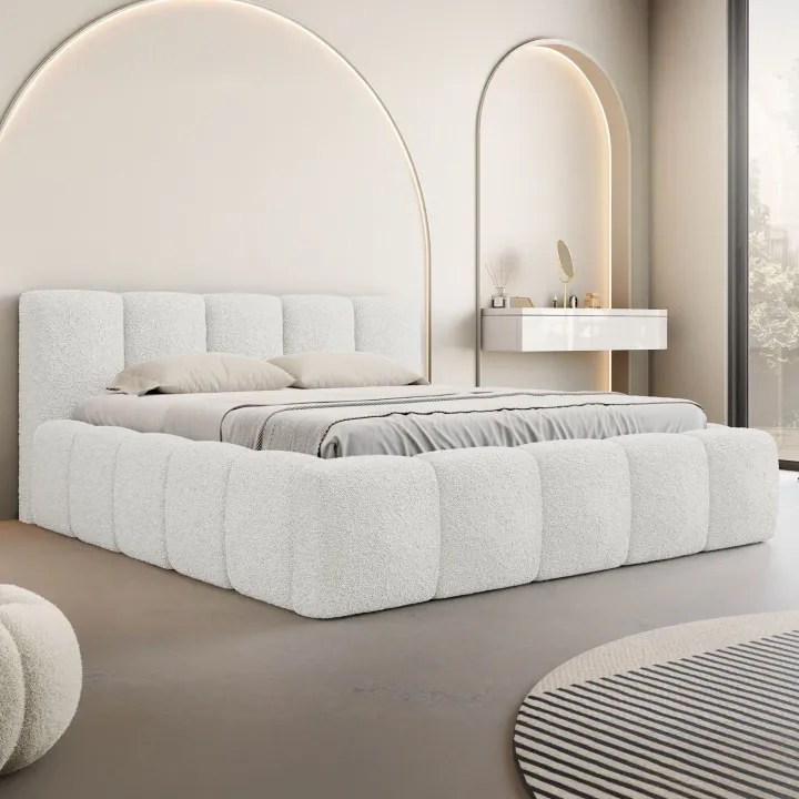 Letto alla francese 140x200cm con rete contenitore imbottito tessuto bouclé bianco Aluna