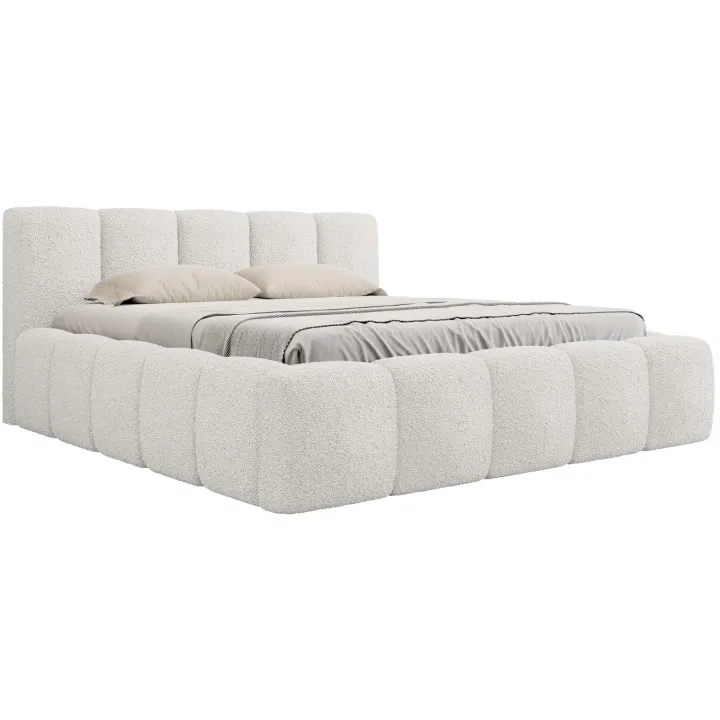 Letto alla francese 140x200cm con rete contenitore imbottito tessuto bouclé bianco Aluna