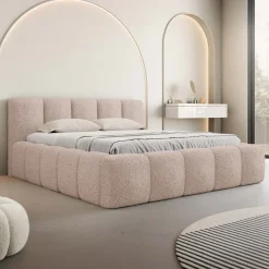 Letto alla francese 140x200cm con rete contenitore imbottito tessuto bouclé rosa Aluna