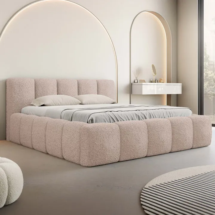 Letto alla francese 140x200cm con rete contenitore imbottito tessuto bouclé rosa Aluna