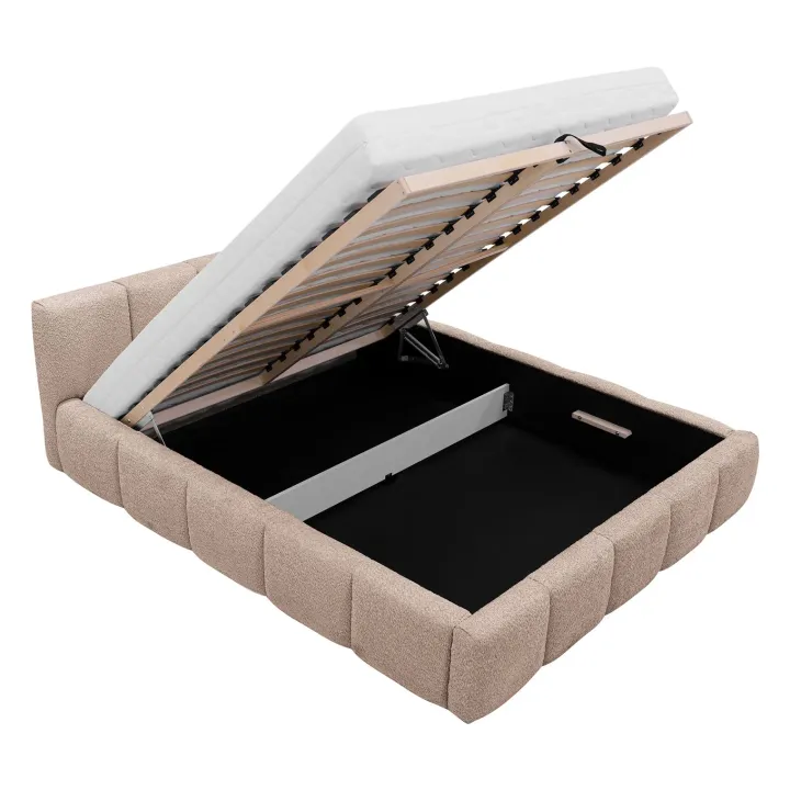 Letto alla francese 140x200cm con rete contenitore imbottito tessuto bouclé rosa Aluna