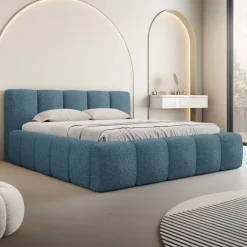 Letto alla francese 140x200cm con rete contenitore imbottito tessuto bouclé turchese Aluna