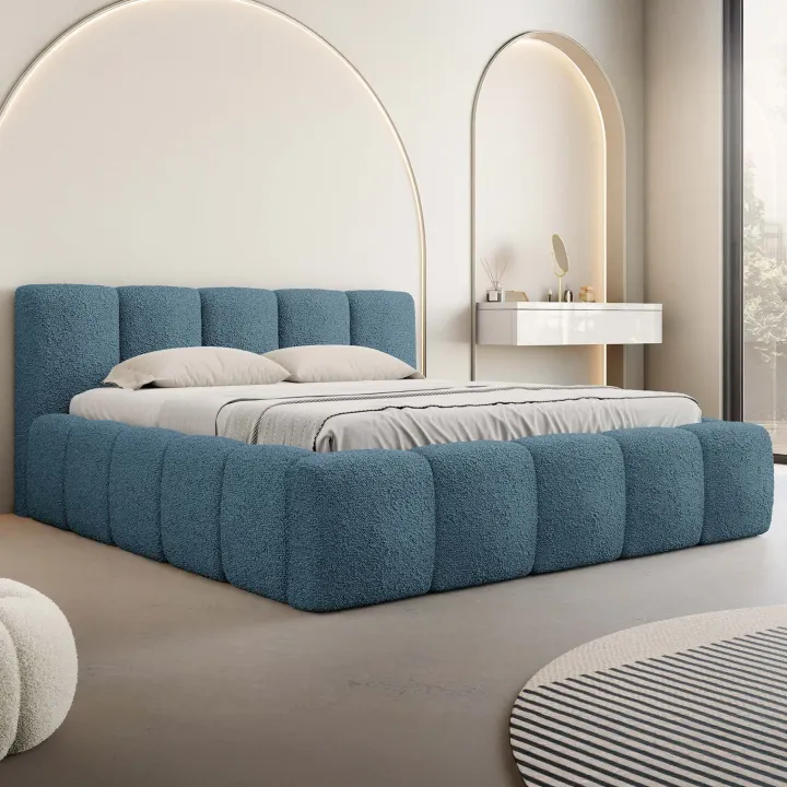 Letto alla francese 140x200cm con rete contenitore imbottito tessuto bouclé turchese Aluna