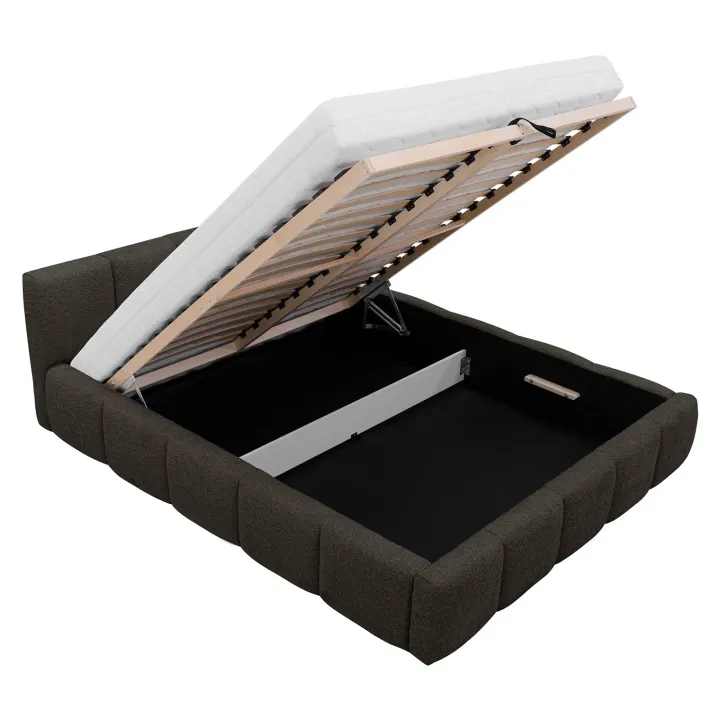 Letto alla francese 140x200cm con rete contenitore imbottito tessuto bouclé nero Aluna