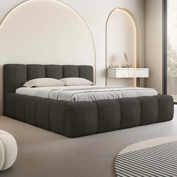 Letto alla francese 140x200cm con rete contenitore imbottito tessuto bouclé nero Aluna