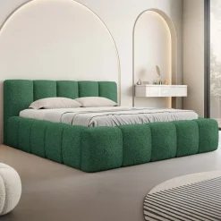 Letto alla francese 140x200cm con rete contenitore imbottito tessuto bouclé verde Aluna