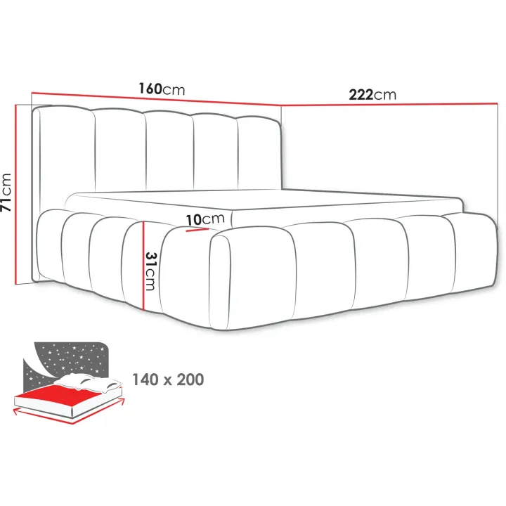Letto alla francese 140x200cm con rete contenitore imbottito rosso mattone Aluna