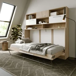 Letto a scomparsa orizzontale 90x200cm singolo con libreria rovere bianco Alvin Gihome®