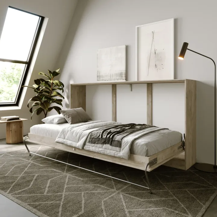Letto a scomparsa orizzontale 90x200cm singolo rovere chiaro beige sabbia Alvin Gihome®