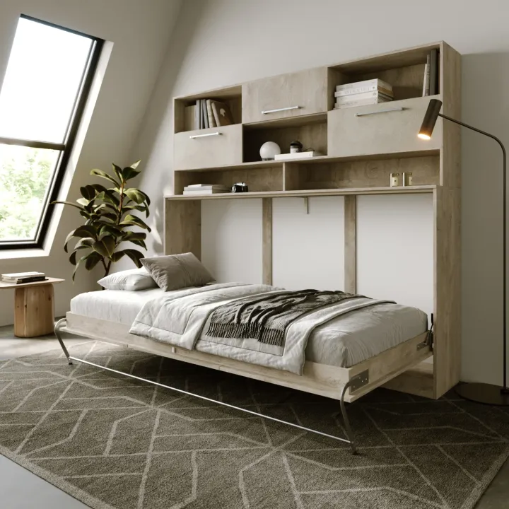 Letto a scomparsa orizzontale 90x200cm singolo con libreria rovere chiaro beige sabbia Alvin Gihome®