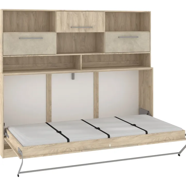 Letto a scomparsa orizzontale 90x200cm singolo con libreria rovere chiaro beige sabbia Alvin Gihome®