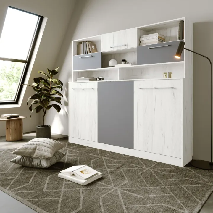 Letto a scomparsa orizzontale 90x200cm singolo con libreria bianco pino grigio grafite Alvin Gihome®