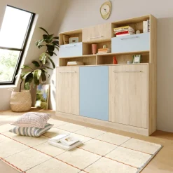 Letto a scomparsa orizzontale 90x200cm singolo con libreria rovere blu Alvin Gihome®
