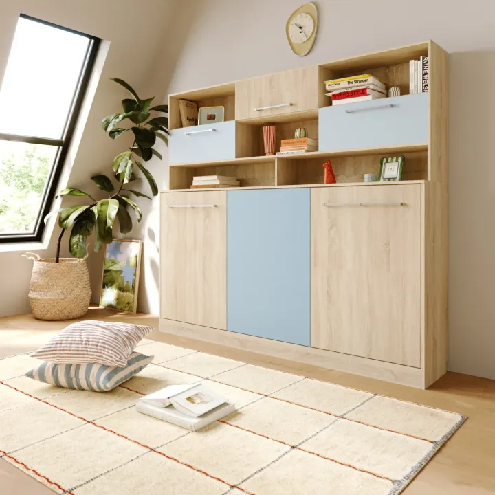 Letto a scomparsa orizzontale 90x200cm singolo con libreria rovere blu Alvin Gihome®
