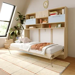 Letto a scomparsa orizzontale 90x200cm singolo con libreria rovere blu Alvin Gihome®