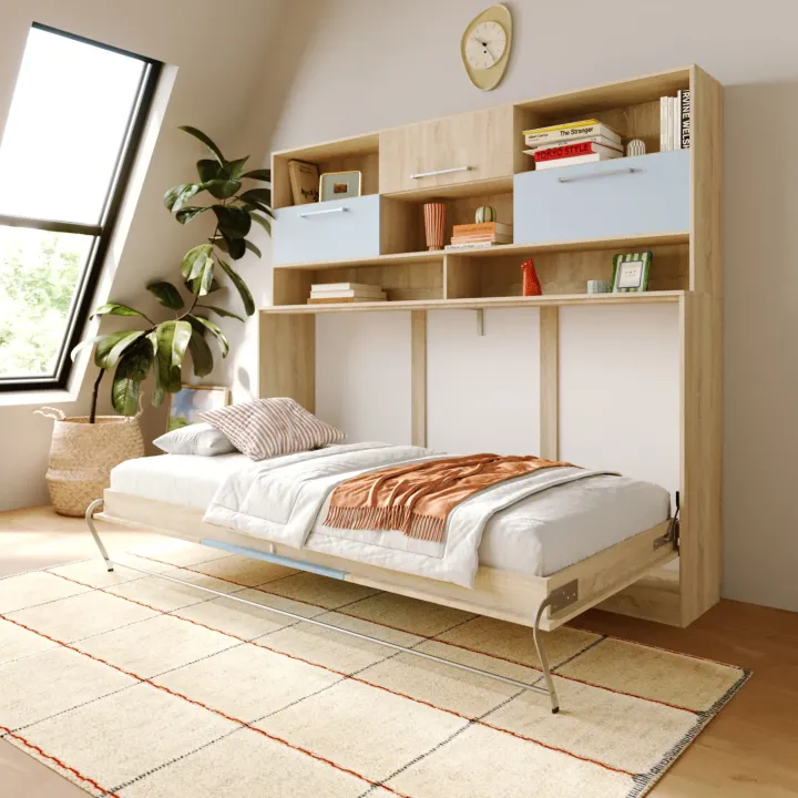 Letto a scomparsa orizzontale 90x200cm singolo con libreria rovere blu Alvin Gihome®