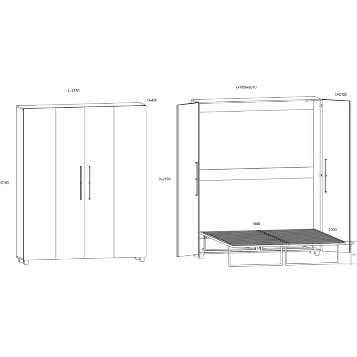 Letto a scomparsa verticale 160x200cm matrimoniale bianco pino Calvin Gihome®