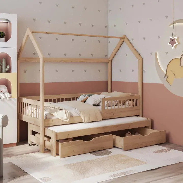 Letto bambini Montessori a casetta 90x200cm con letto estraibile e cassettoni rovere Homy