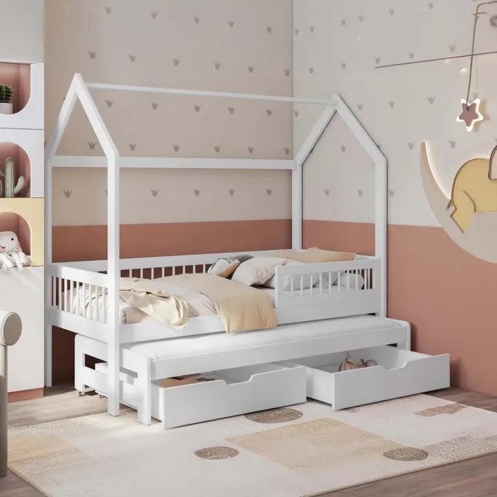 Letto bambini Montessori a casetta 90x200cm con letto estraibile e cassettoni bianco opaco Homy