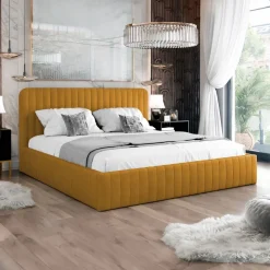 Letto contenitore alla francese 140x200cm imbottito velluto senape Poffi