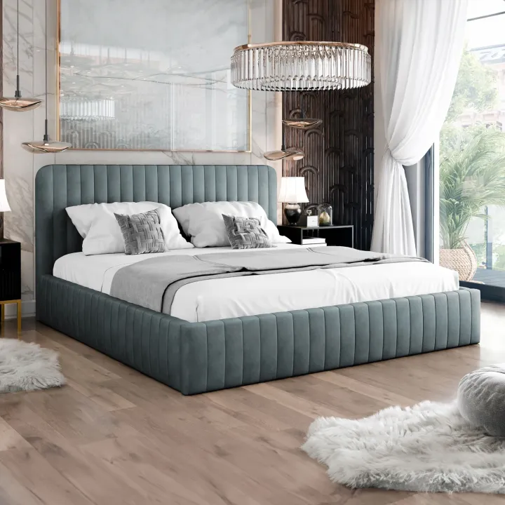 Letto contenitore alla francese 140x200cm imbottito velluto grigio scuro Poffi
