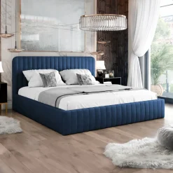 Letto contenitore alla francese 140x200cm imbottito velluto blu Poffi