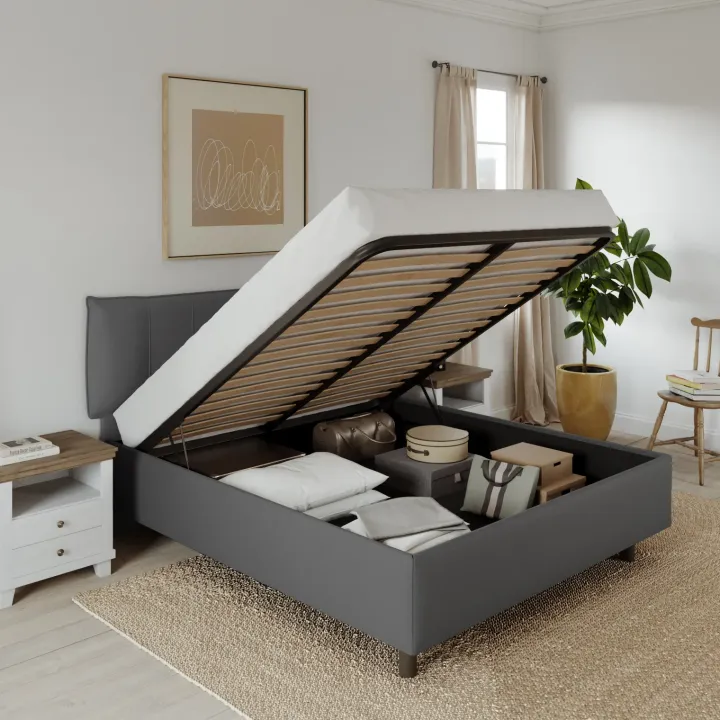 Letto contenitore matrimoniale 160x195cm imbottito tessuto antracite CozyHaven