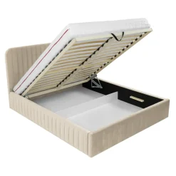 Letto contenitore matrimoniale 160x200 imbottito velluto beige Poffi