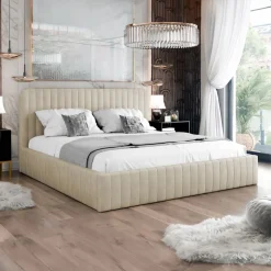 Letto contenitore matrimoniale 160x200 imbottito velluto beige Poffi