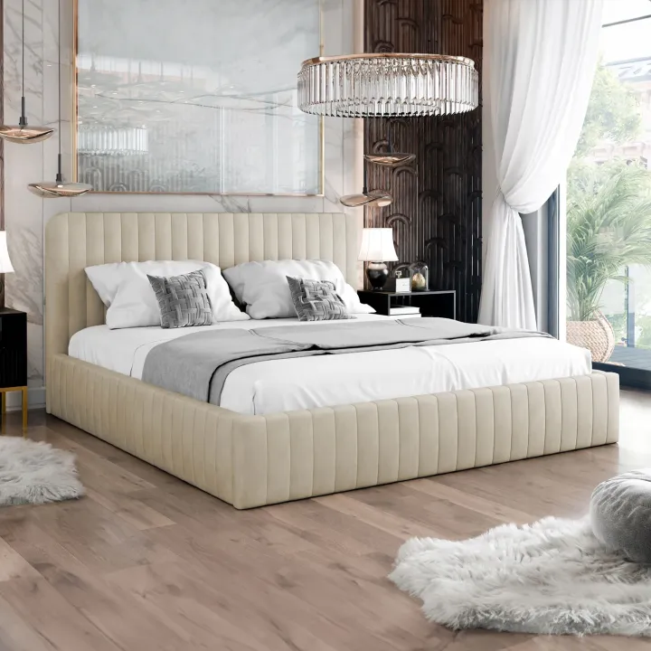 Letto contenitore matrimoniale 160x200 imbottito velluto beige Poffi