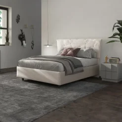 Letto contenitore matrimoniale 160x195cm imbottito tessuto bianco sabbia DreamSpace