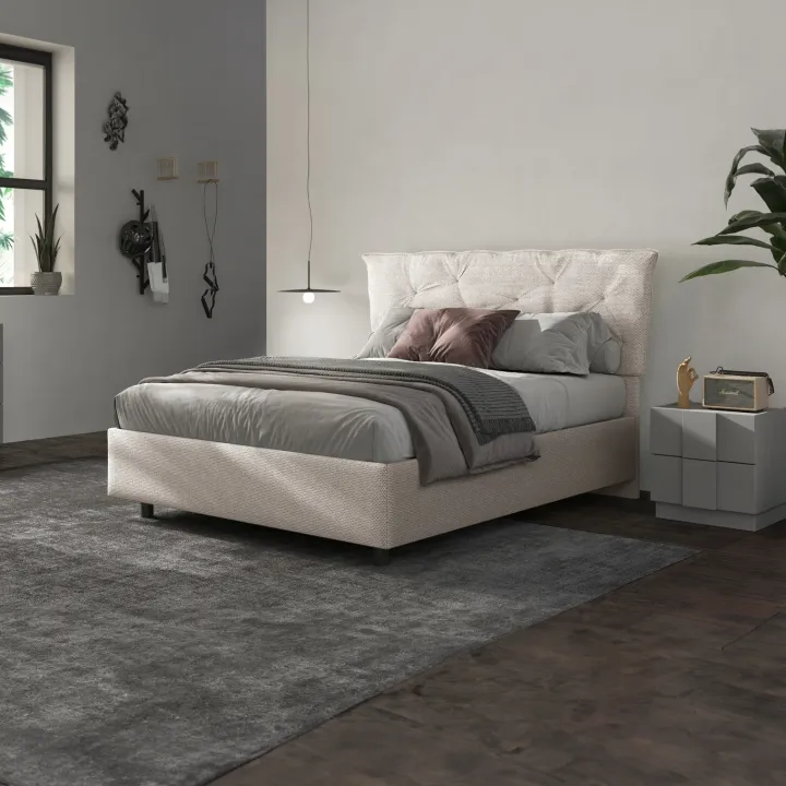 Letto contenitore matrimoniale 160x195cm imbottito tessuto bianco sabbia DreamSpace