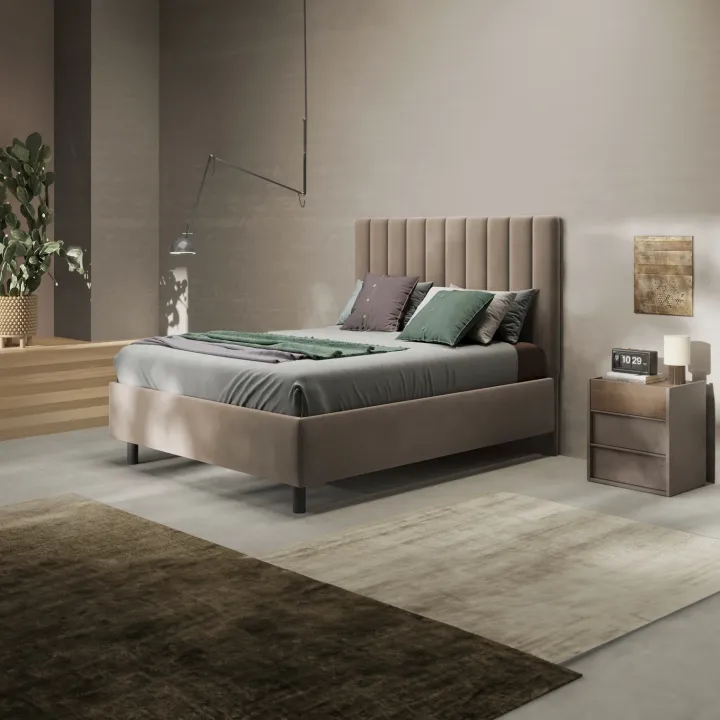 Letto contenitore matrimoniale 160x195cm imbottito tessuto tortora CozyCubby