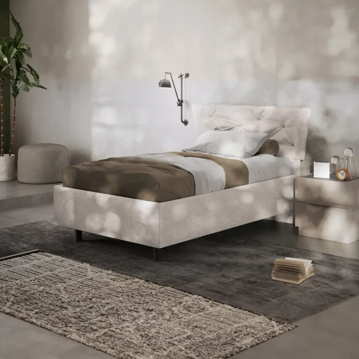 Letto contenitore una piazza e mezza 120x195 imbottito tessuto bianco sabbia DreamSpace
