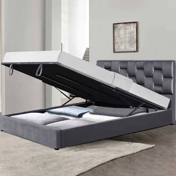 Letto imbottito matrimoniale in velluto con contenitore 160x200cm grigio Arena