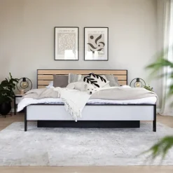 Letto matrimoniale contenitore 160x200cm con LED e presa USB-C grigio nero rovere Luna