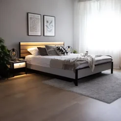 Letto matrimoniale contenitore 160x200cm con LED e presa USB-C grigio nero rovere Luna