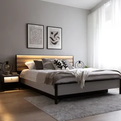 Letto matrimoniale contenitore 160x200cm con LED e presa USB-C grigio nero rovere Luna