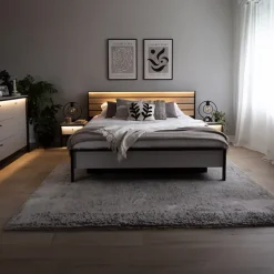 Letto matrimoniale contenitore 160x200cm con LED e presa USB-C grigio nero rovere Luna