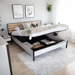Letto matrimoniale contenitore 160x200cm con LED e presa USB-C grigio nero rovere Luna
