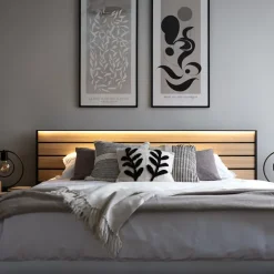 Letto matrimoniale contenitore 160x200cm con LED e presa USB-C grigio nero rovere Luna