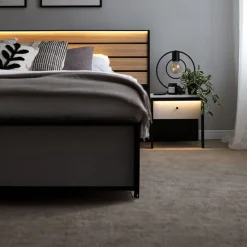 Letto matrimoniale contenitore 160x200cm con LED e presa USB-C grigio nero rovere Luna