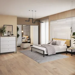 Letto matrimoniale contenitore 160x200cm con LED e presa USB-C grigio nero rovere Luna