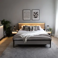 Letto matrimoniale contenitore 160x200cm con LED e presa USB-C grigio nero rovere Luna