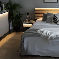 Letto matrimoniale contenitore 160x200cm con LED e presa USB-C grigio nero rovere Luna