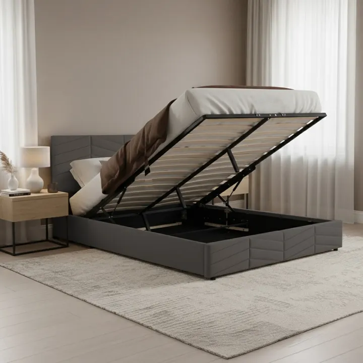 Letto matrimoniale contenitore 160x200 cm imbottito con rete e testiera regolabile grigio scuro Perlier