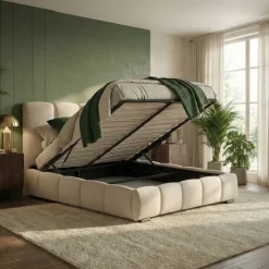 Letto matrimoniale contenitore 160x200 cm con rete tessuto imbottito bianco panna Stars