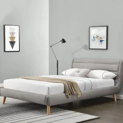 Letto matrimoniale in tessuto 160x200cm grigio chiaro legno naturale Pompei Gihome®