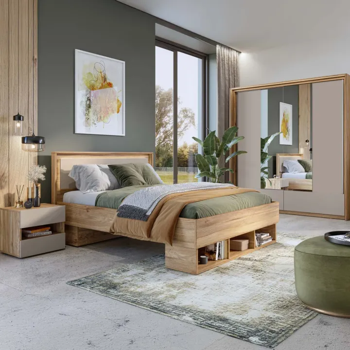 Letto matrimoniale standard 160x200cm 3 vani a giorno rovere tortora Lise