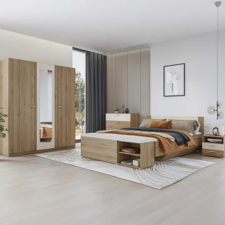 Letto matrimoniale standard 160x200cm contenitore con rete rovere beige Ama